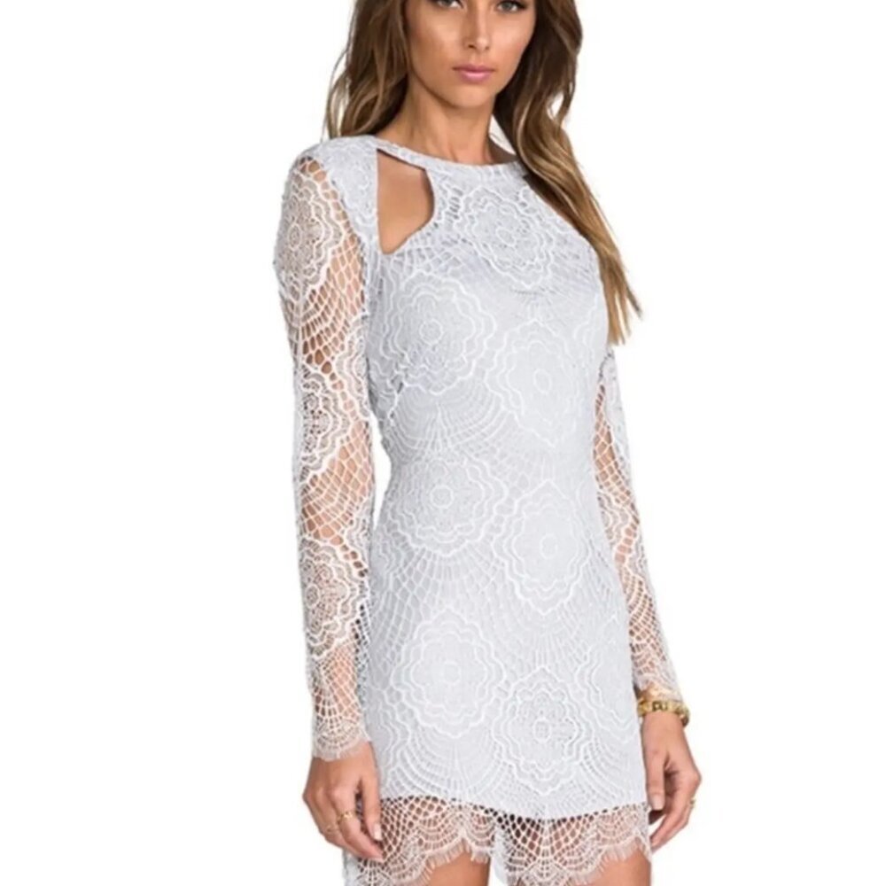 For Love & Lemons Dress Sheath Mini Lace Cut Out Long Sleeve Ivory Size Medium